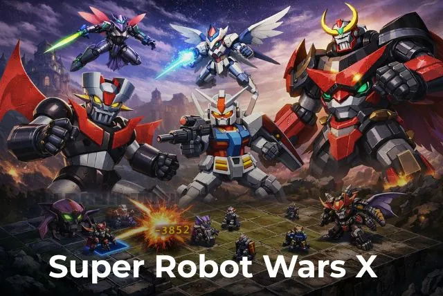 Super Robot Wars X gameplay showing anime mechs and tactical battle grid