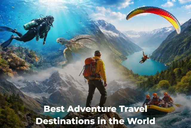Adventure travel destinations featuring trekking, scuba diving, paragliding, and whitewater rafting in scenic landscapes