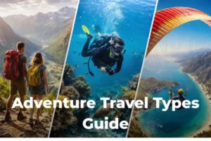 Different adventure travel types including hiking, scuba diving, and paragliding