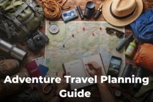 Adventure travel planning with map, backpack, and travel essentials